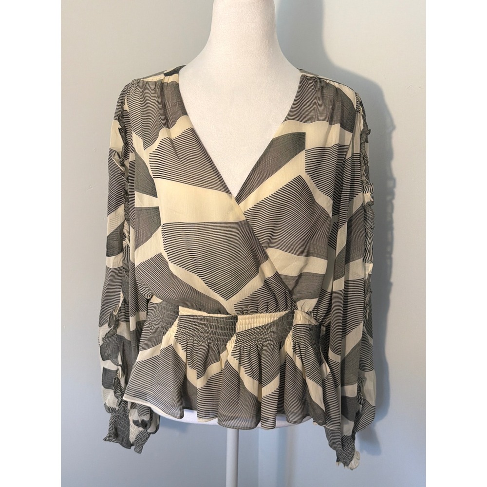 Express Women Black White Geometric Stripe Smocked Waist Peplum Blouse Large